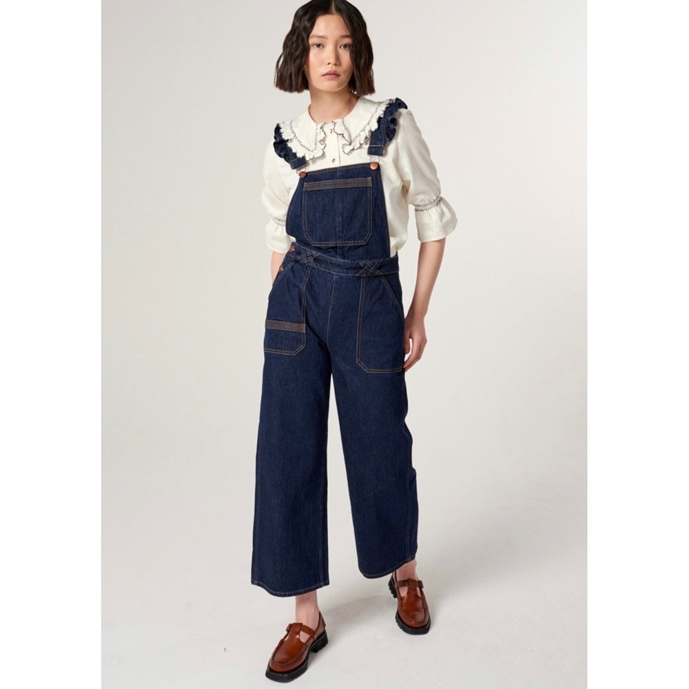 Seventy + Mochi Ruffle Strap Denim Overalls Dark Vintage Blue Wide Leg Sz 6 NWT